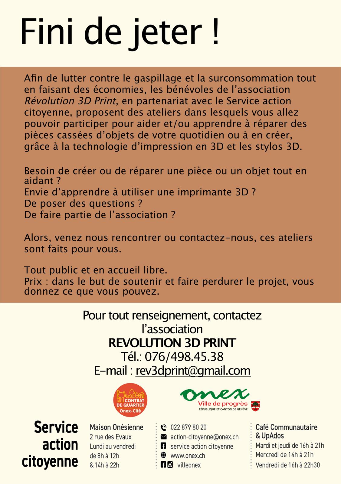 Affiche (R)Évolution 3d print — Fini de jeter, ateliers et contact