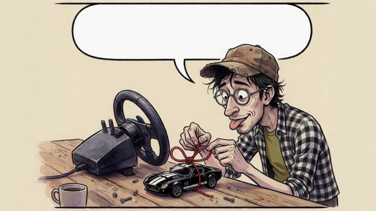 Il noue le fil rouge sur la petite voiture.