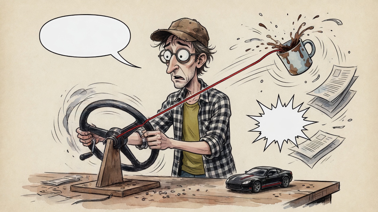 Il tourne le volant. Le fil emporte la tasse. La voiture ne bouge pas.