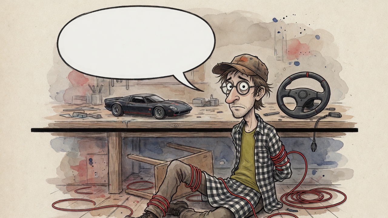 Il est emmêlé dans le fil. La voiture est restée sur l'établi.